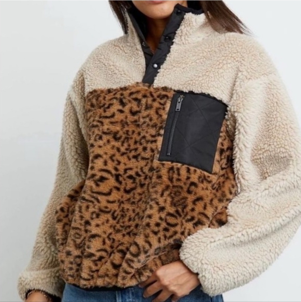 Rails Saga Leopard Print Faux Shearling Teddy Pullover Cream Leopard Mix Size XS